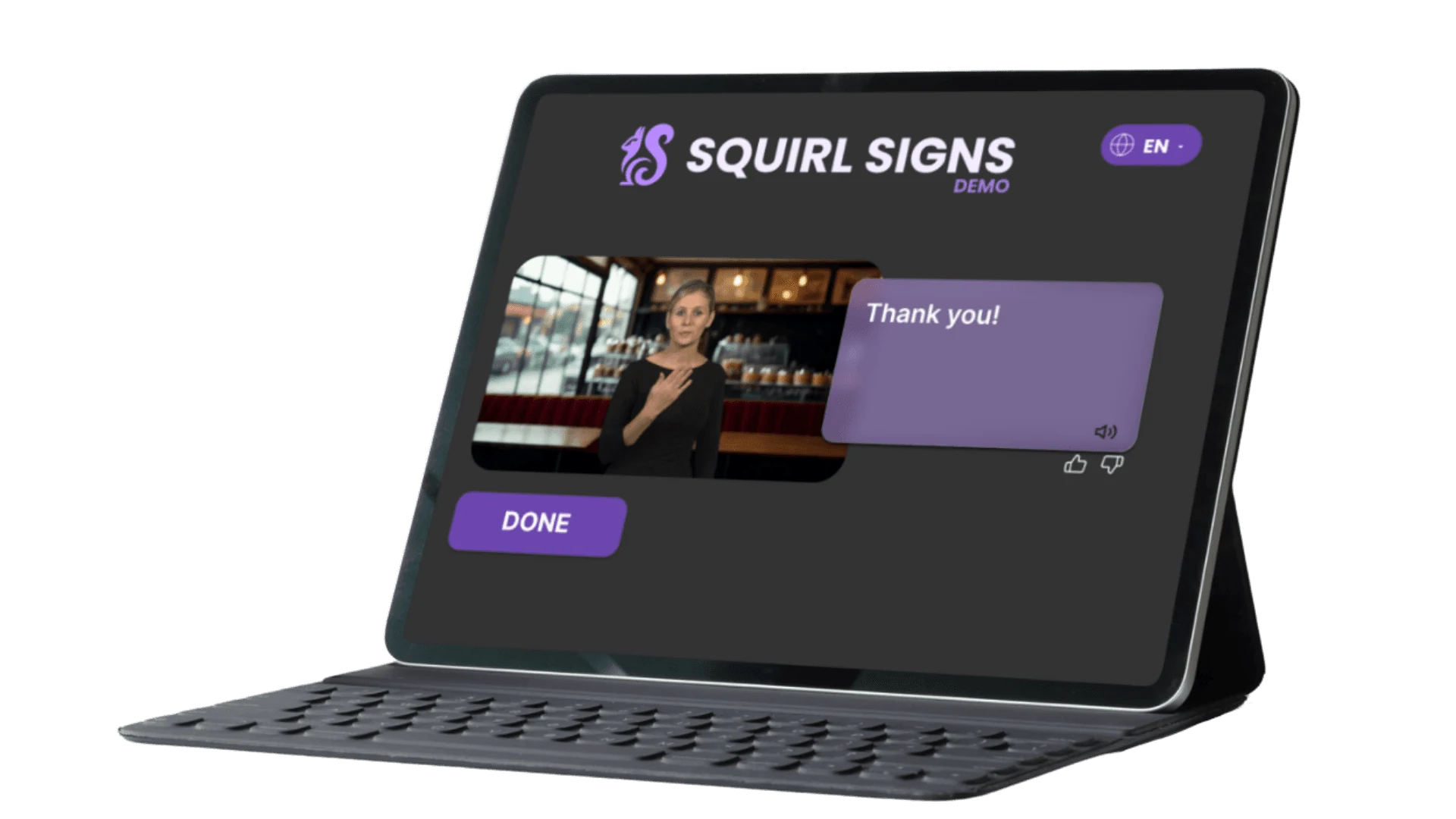 The Squirl Signs app on a tablet: a signer on camera and the caption 'Thank you!' beside her